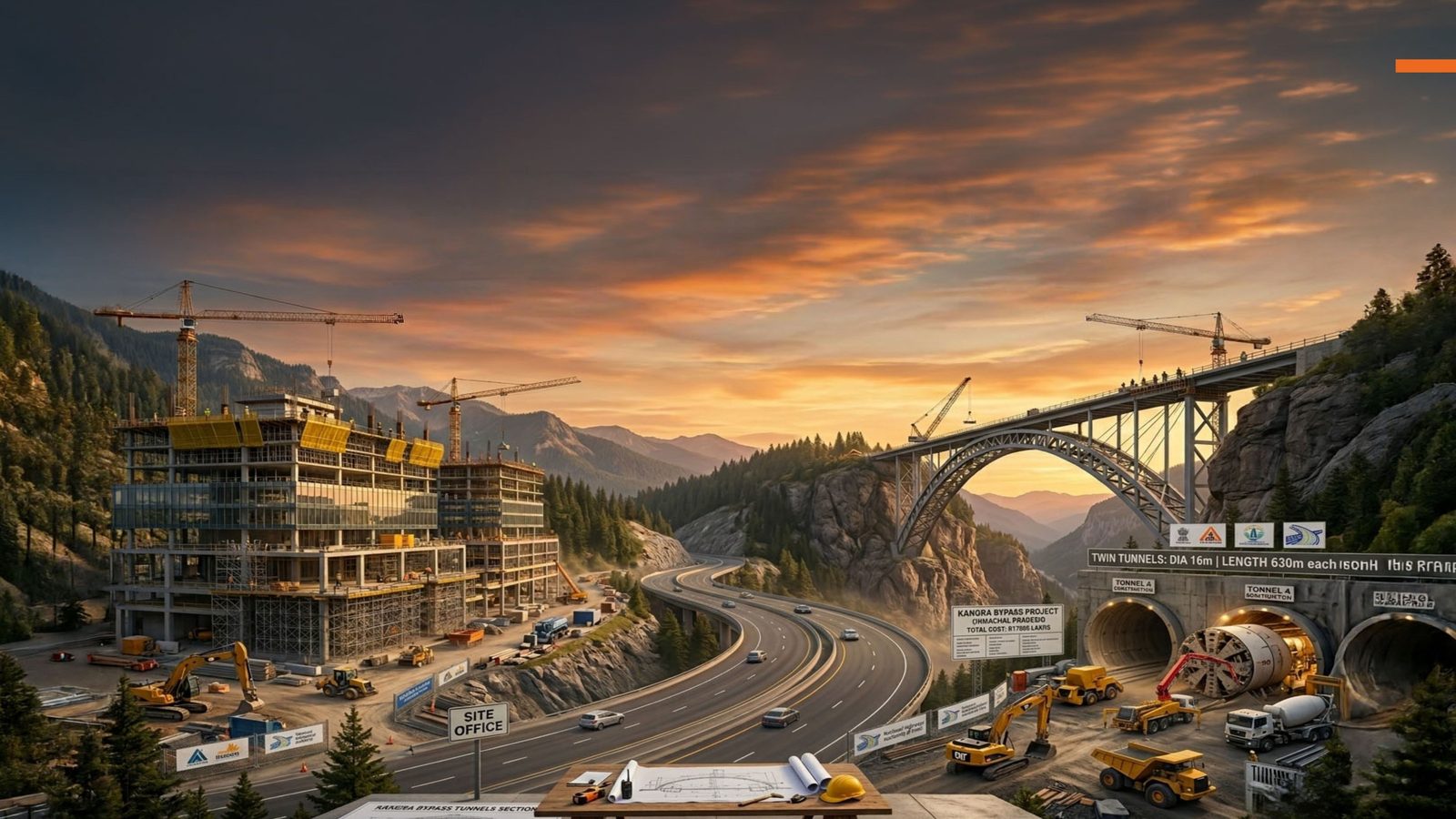 Bridge construction infrastructure at sunset